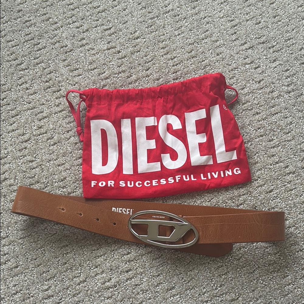 Diesel Tan Leather Belt with Silver Buckle